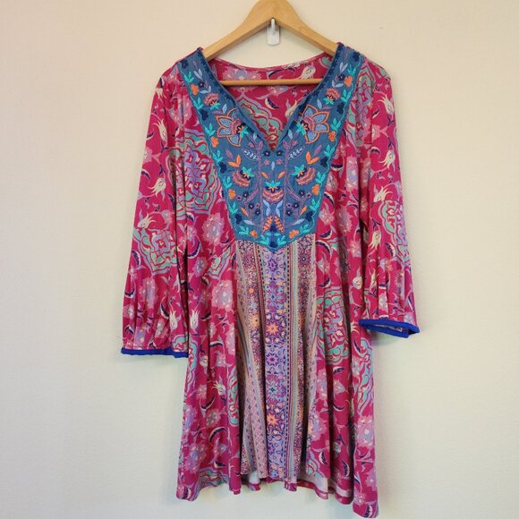 Soft Surroundings Tunic Top Ailli Floral Megenta Blue Embroidered Women M/L Boho - Picture 1 of 14